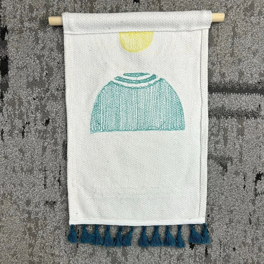 Boho Tapestry Rug Wall Textile Hanging White Teal Like Turquoise Fringe Geometri